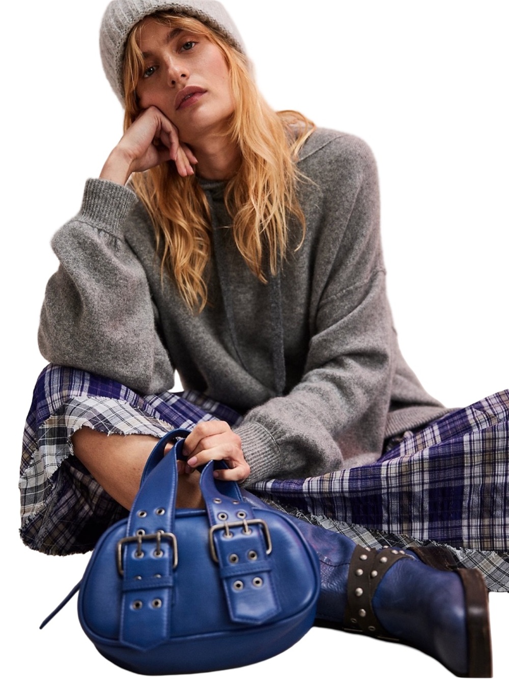 Free People Say Yes Bag Navy 100% Sheep Leather Rivet & Buckle Detailing Edgy